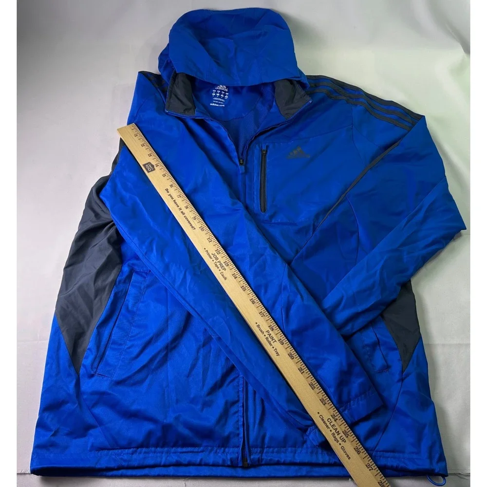 Adidas Mens M Running Jacket Blue Gray Hooded‎ Full Zip 3-Stripe Athletic